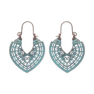 Bohemian Turquoise Blue & Bronze Tone Dangle Curved Hoop Earrings Hinged Back